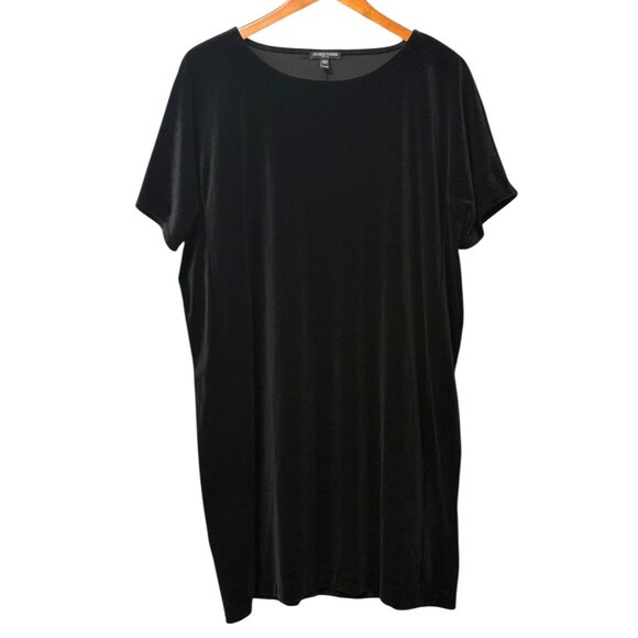 Eileen Fisher System Black Velvet Shift Dress Short Sleeve Knee Length Size PL - Picture 1 of 6